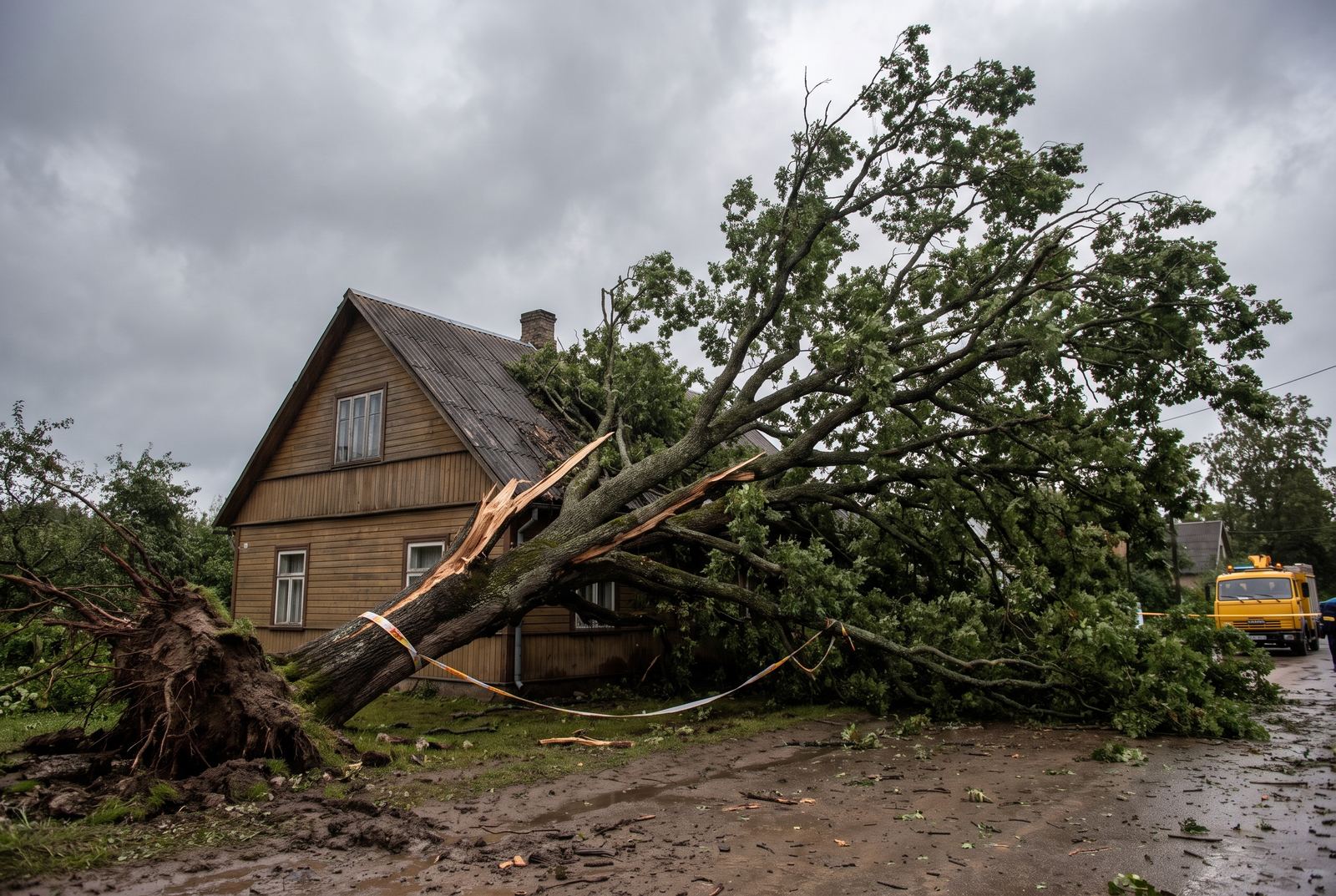 Storm damage tree on house