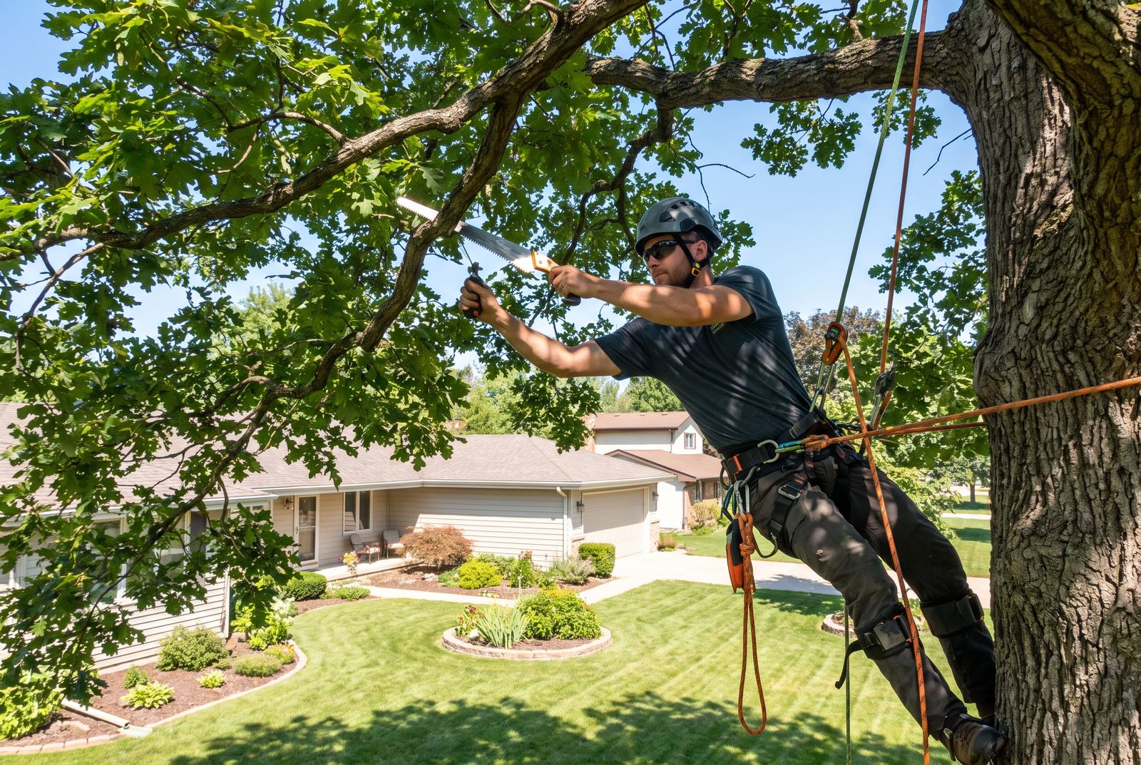 Arborist trimming a tree